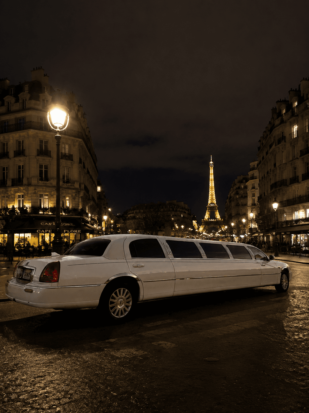Limousine blanche Paris By Limousine avec la Tour Eiffel de nuit
